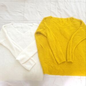 Set of 2 Cozy Knit Sweater Set White and Yellow